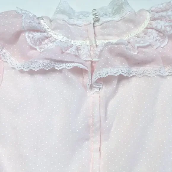 Vintage Jeunes Filles Gunne Sax Dress Girls Size 7-8 Pink Polka Dot Semi Sheer - Picture 4 of 9